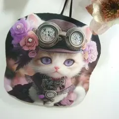 パネル生地壁かけハンドメイド　紫ドレスのねこ