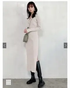 ベージュ ノースリーブニットワンピース カーディガン付き