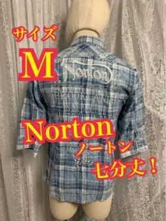Norton ノートン　七分丈　シャツ　刺繍ロゴ　バイカー　チェック　Mサイズのサムネイル