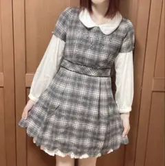 prime pattern ピンク グレー チェック 半袖ワンピース Ｍサイズのサムネイル