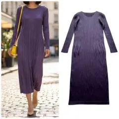 プリーツプリーズ ロングワンピース マキシ丈 長袖 パープル 3サイズ