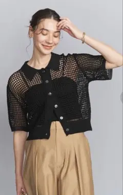 BEAUTY&YOUTH メッシュニットポロシャツ ブラックのサムネイル