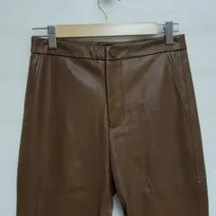 ​【美品】ZARA ザラ フェイクレザー パンツ M ブラウン 裾ジップ 裏起毛