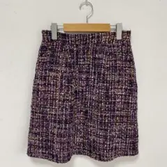ツイード　ラメ　キラキラ　紫　ミニスカート【M】洗える　タック　ピンク　タイト