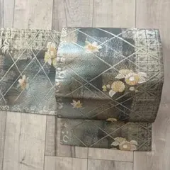正絹　袋帯　ブルーグレー　中古　西陣織　ふくれ織　花　セミフォーマル　【1123