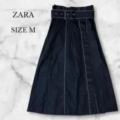 ザラ ロングスカート ブラック ステッチデザイン ベルト付き Aライン M