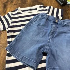 無印ストライプTシャツ120 ユニクロデニムショートパンツ110セット