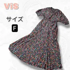 【美品】ViS ビス ダークフラワーワンピース 花柄 ロング フリーサイズ 黒