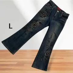 フレアデニムパンツ 蝶刺繍 スパンコール ジーンズ ブーツカットデニム L