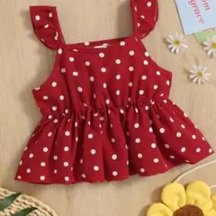 【新品未使用】 ベビー 子供 服フリル ペプラムトップス ドット柄 レッド
