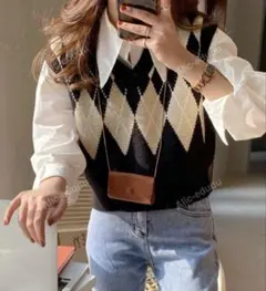 shein アーガイル柄 ニットベスト トップス