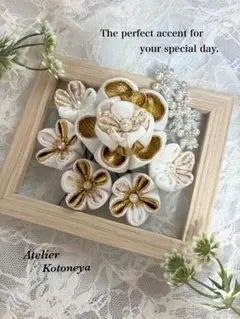 つまみ細工髪飾り7点セット♡白&ゴールド♡(成人式、卒業式、結婚式 、着物、袴)