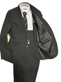 S827★メンズ極美品 シングルスーツ A6 黒ブラック ビジネス 面接 春夏秋