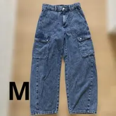 GU 【M】 ジーユー バレルレッグカーゴジーンズ デニム ワイドパンツ
