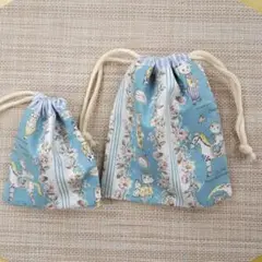 猫と花柄の巾着袋2個セット