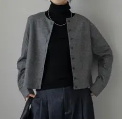 グレー チェック柄 ノーカラージャケット　ラジエム