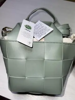 ikka グリーン 編み込みメッシュ2WAYトート