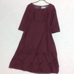 希少 42 ホコモモラ 膝丈ワンピース ボルドー タックデザイン 刺繍 薄手