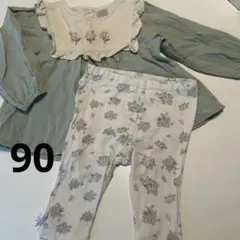 グリーン刺繍フリル襟シャツとレギンスセット