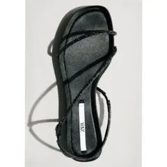 美品 zara ザラ フラット サンダル ラインストーン サテン ストラップ 黒のサムネイル
