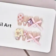 新品 10個入 ガーリー ネイルチップ 量産型 リボン 白ピンク 韓国 フレンチ
