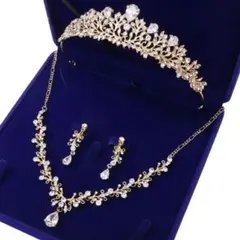 ☆セット☆イヤリング&ティアラ&ネックレス ウェディング髪飾りゴールド