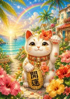 228【招き猫と富士山】桜と黄金の光に包まれた招福の風景 デジタル
