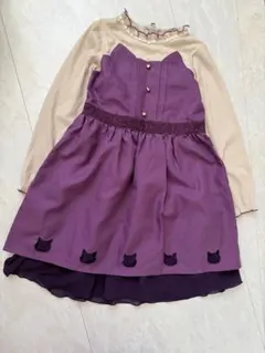 アクシーズファム　紫色 猫シルエット刺繍 七分袖ワンピース