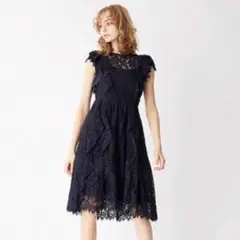 snidel スナイデル レースフリルワンピース ドレス ネイビー サイズ0