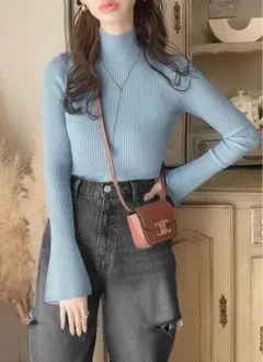 GRL ハイネックベルスリーブリブニットトップス k9064b ライトブルー