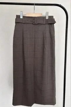 【LOWRYSFARM】ブラウン チェック柄 タイトスカート ベルト付き