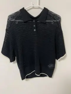 透かし編み ニットポロシャツ 黒