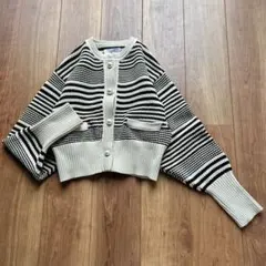 【アダムエロペ】パターンニットカーディガン ボーダー パールボタン