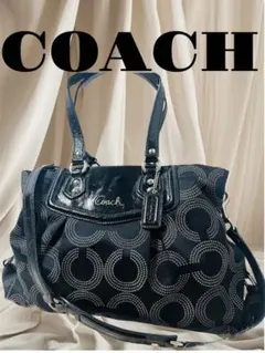 【美品】COACH 2way ハンドバッグ オプアート ブラックF20049