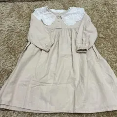 ベージュ 長袖 ワンピース 襟刺繍　110cm