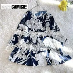 【ナラカミーチェ】レースコンビ花柄プリントブラウス プルオーバー 透け感 紺×白