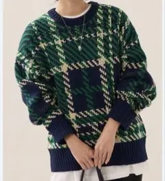 【美品】FREAK'S STORE 緑・紺・白 チェック セーター Fサイズのサムネイル
