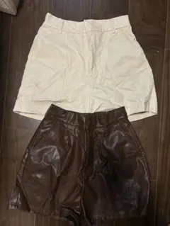 アイボリー＆ブラウン ハイウエストショートパンツ2点セット