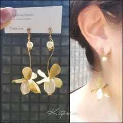 No.64 マットゴールド パールフラワー✩.*˚ ゆらゆら華奢ピアス