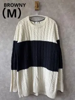 BROWNYブラウニーメンズケーブル編みニットセーターネイビー白Mサイズ大人冬