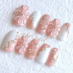 ショートバレリーナ　ぷっくりお花　ニュアンス　ピンク　成人式　結婚式　推し活