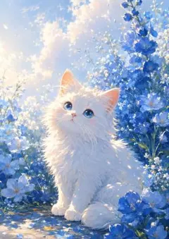 光る紫陽花と白猫の幻想庭園 デジタルアート 水彩画風 花畑 ネコ 絵
