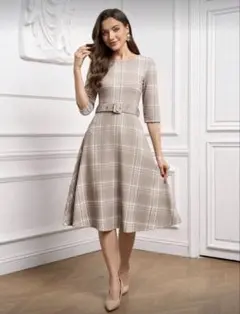 ベージュ　チェック Aラインワンピース 七分袖