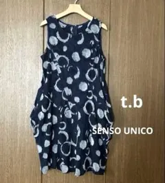 美品⁂センソユニコ⁂ジウ⁂ロングチュニック　総柄ドット　変形ヘム　リネン混　L 美品⁂センソユニコ⁂ジウ⁂ロングチュニック 総柄ドット 変形ヘム リネン