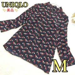 【美品】 ユニクロ レトロ 花柄 九分袖 ノーカラー ブラウス M 黒 個性的