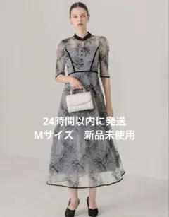 Leja 配色パイピングプチハイネック花柄刺繍ラメレースドレス