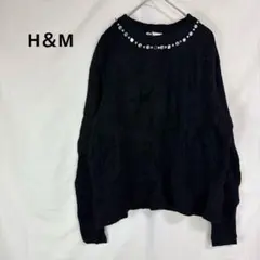 H＆M◇ビジュー付きニットセーター　ブラック【M】シンプル　コットン混　春秋冬