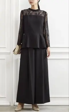 エメ　レーススリーブペプラムブラウスワイドパンツセットアップ　サイズM