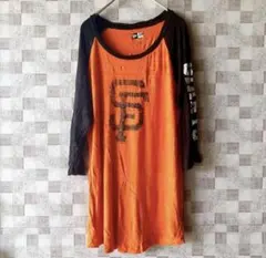 七分袖Tシャツ【M】ニューエラSFロゴ オレンジ レディース Uネック 古着