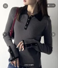 mily biletトレンドの襟付きデザイン金縁ボタン使いリブポロニット（長袖）